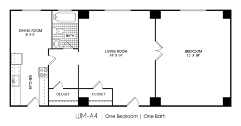 Floor plan for 1 bed, 1 bath, 820 sqft